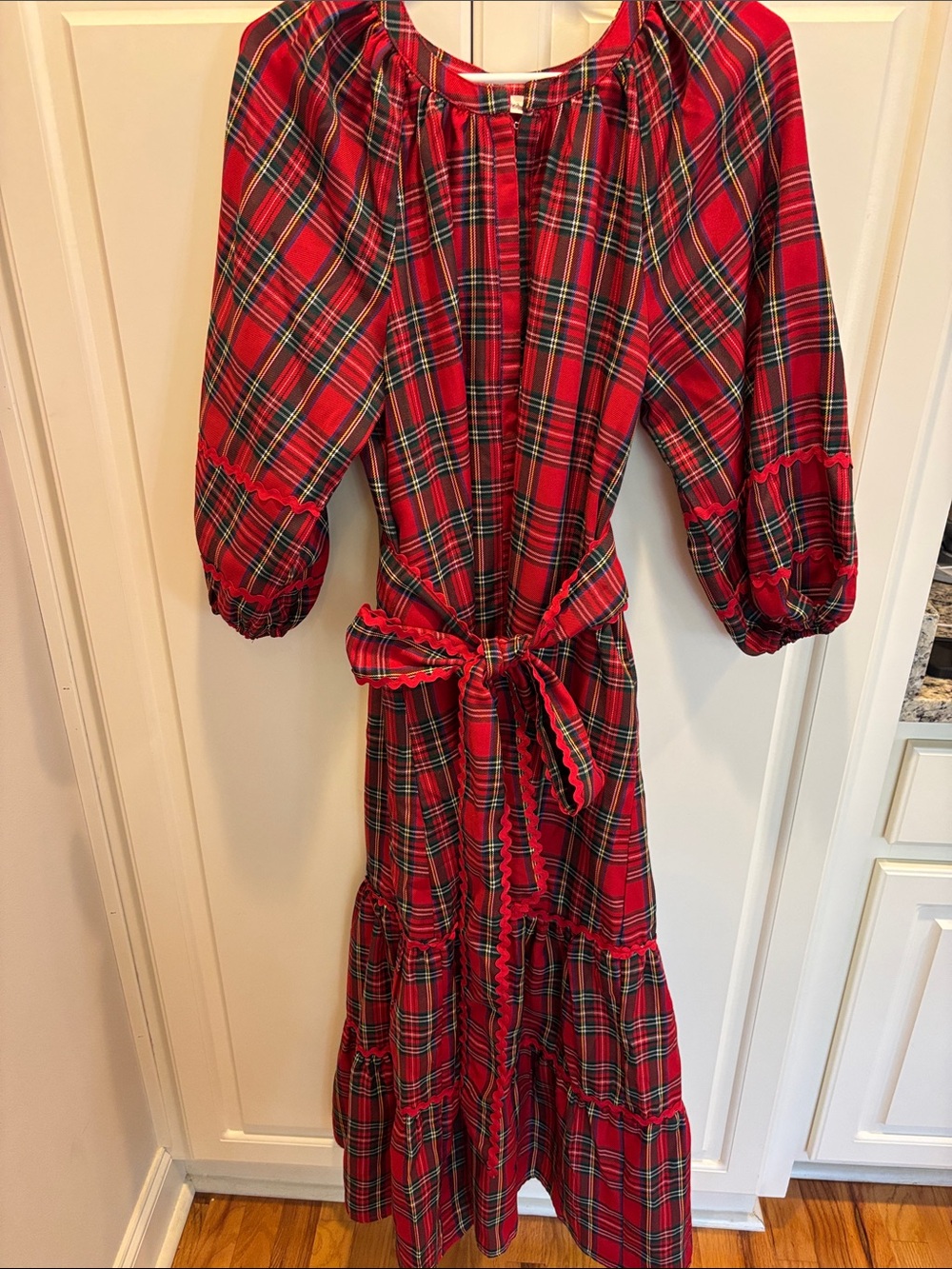 Red Plaid Maxi Dress with Tie Waist